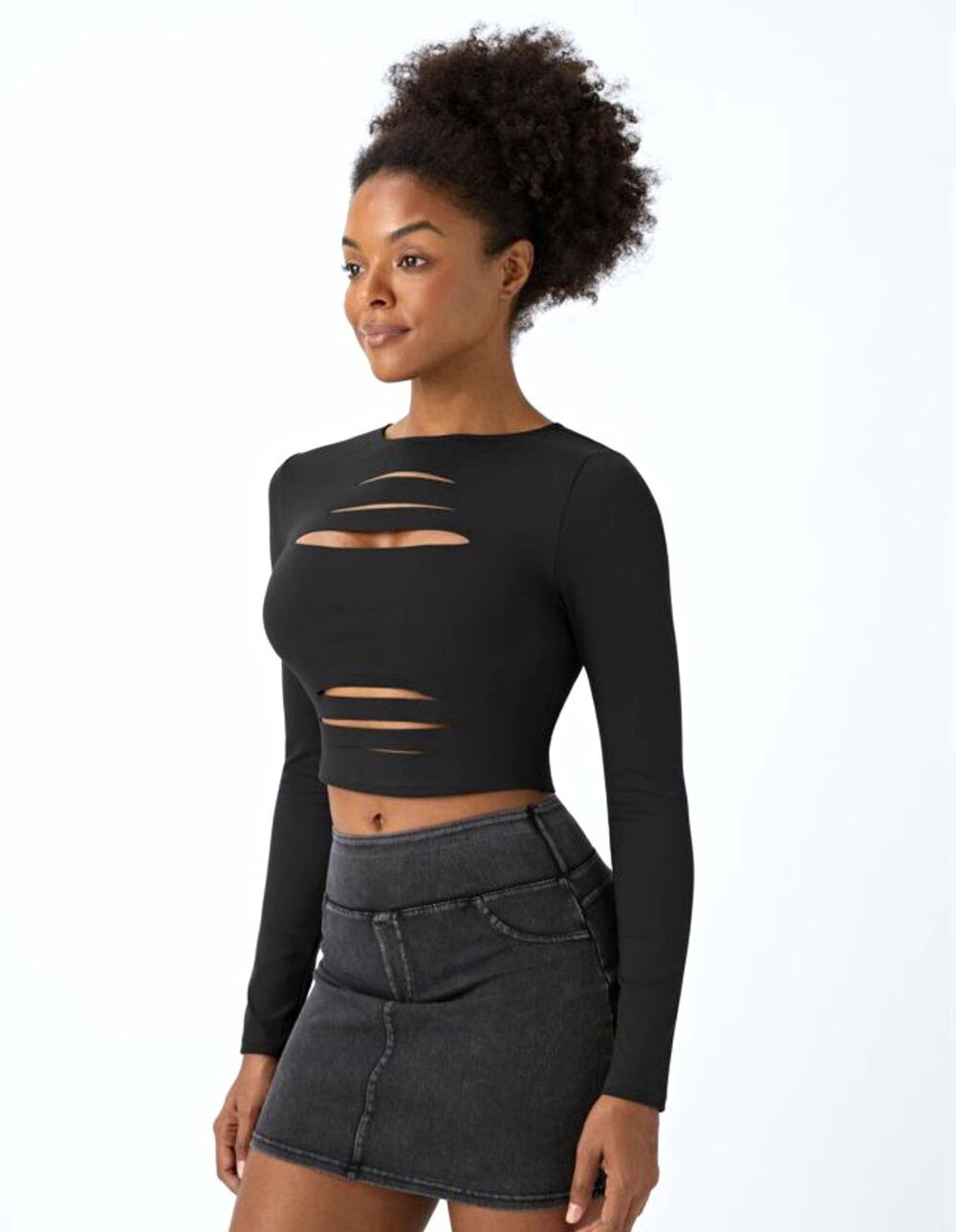 Halara DayStretch Round Neck Long Sleeve CutOut Ripped Skinny Cropped Casual Top